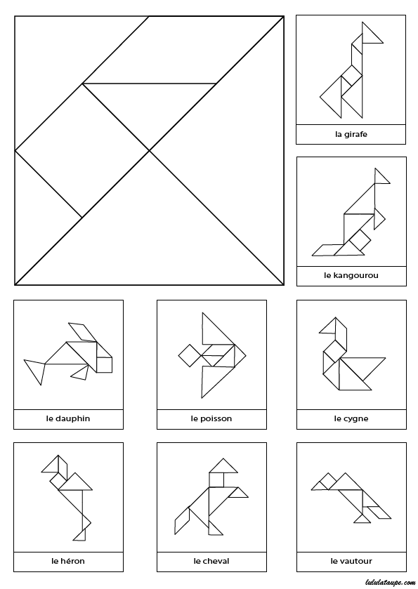 Tangram à imprimer et découper avec 8 modèles d'animaux en noir et blanc