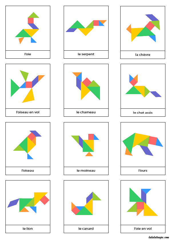 Page de modèles d'animaux à réaliser pour jeu Tangram