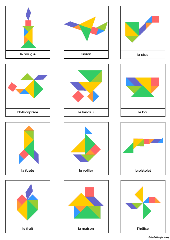 Page de modèles d'objets à réaliser avec un jeu Tangram