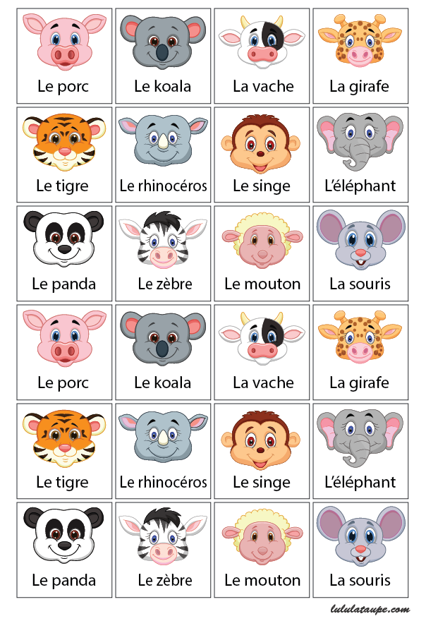 Jeu de mémoire à imprimer Jeu de mémoire à imprimer gratuitement, les animaux avec noms