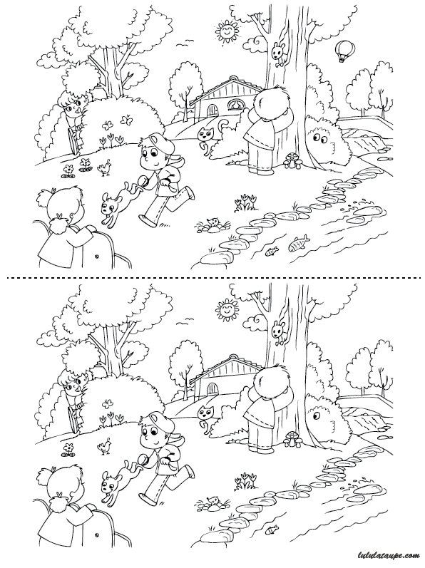 Jeu gratuit des 7 différences à imprimer avec solutions, les enfants au jardin