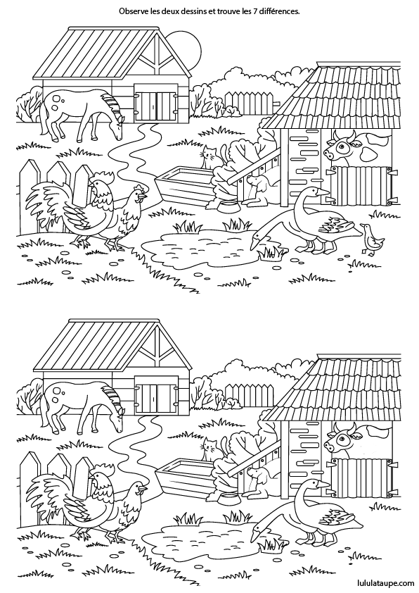 Jeu gratuit des 7 différences à imprimer avec solutions, la ferme et les animaux