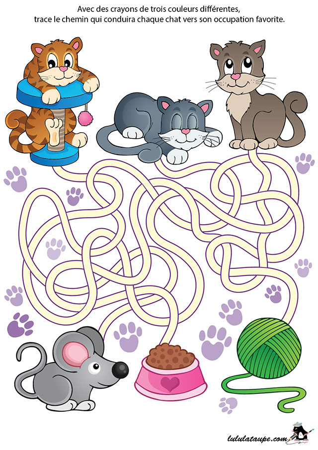 Jeu de labyrinthe à imprimer, les chats en couleur