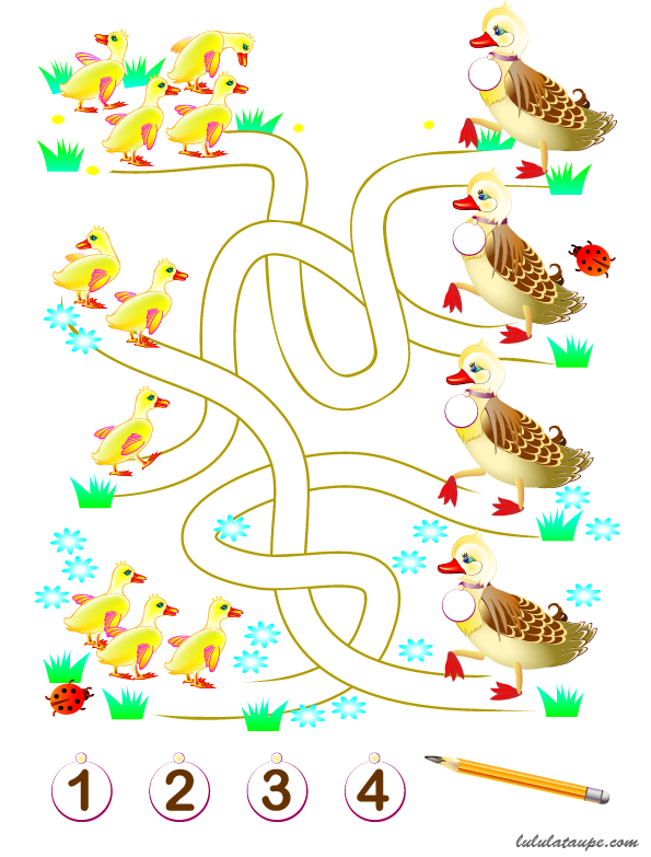 Jeu de labyrinthe à imprimer pour apprendre à compter de 1 à 4