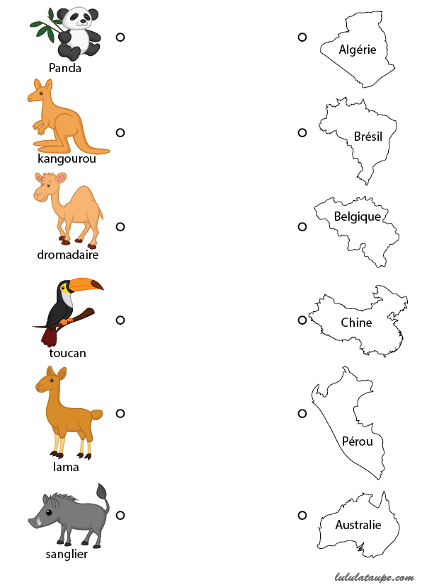 Exercice ludique à imprimer, relier chaque animal à son pays
