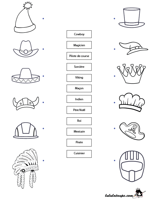 Jeu gratuit à imprimer, relier les coiffes au personnage à qui elles appartiennent