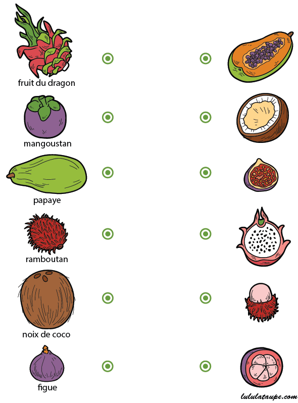 Exercice ludique à imprimer, relier chaque fruit à sa moitié