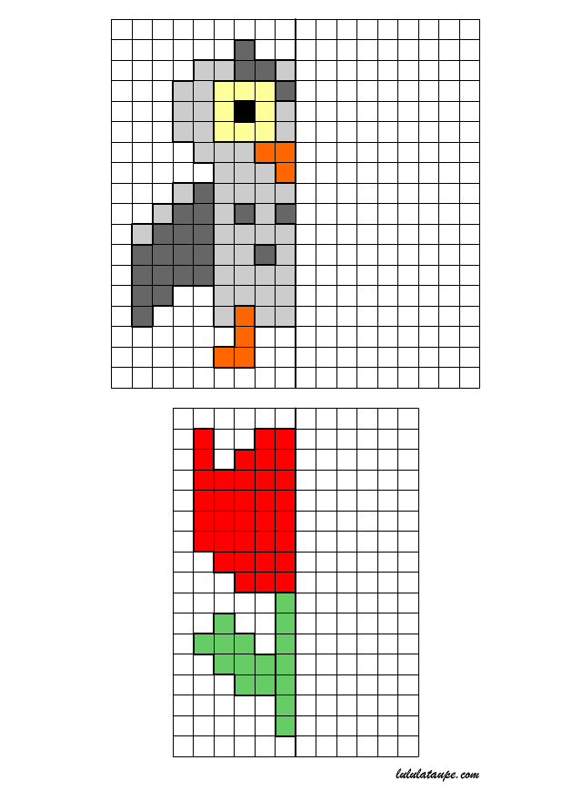 Reproduire un dessin par symétrie axiale sur quadrillage, un hibou, une tulipe
