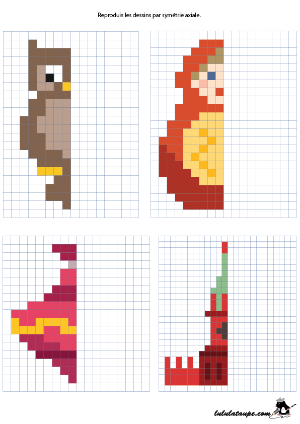 Reproduire un dessin par symétrie axiale sur quadrillage, un poupée russe, un monument, un hibou, une jarre 