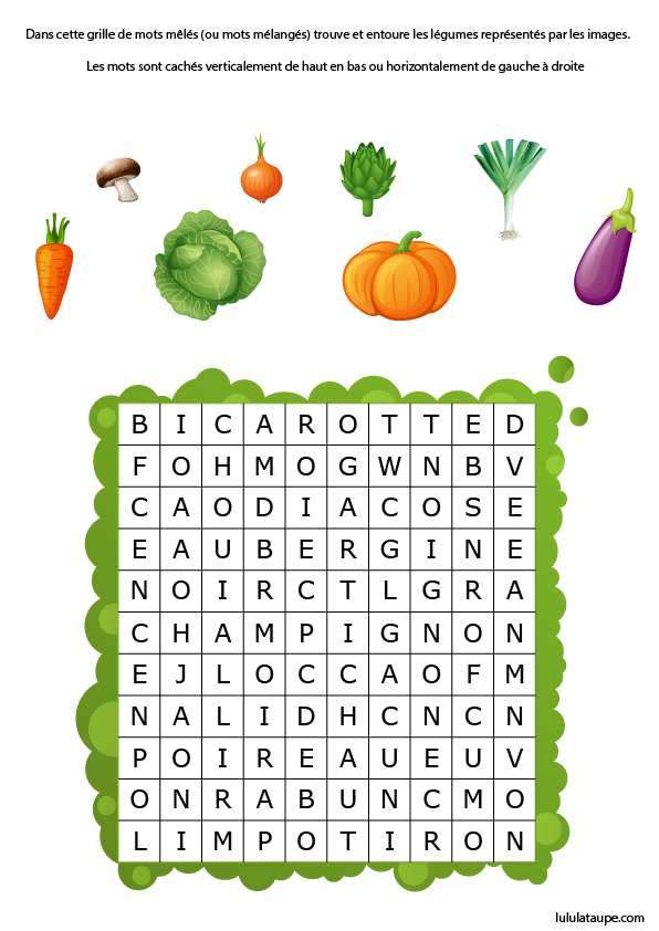 Mots mêlés à imprimer, les légumes