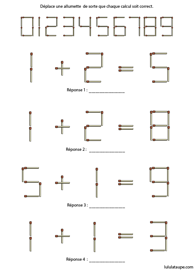 Jeu à imprimer, additions avec des allumettes