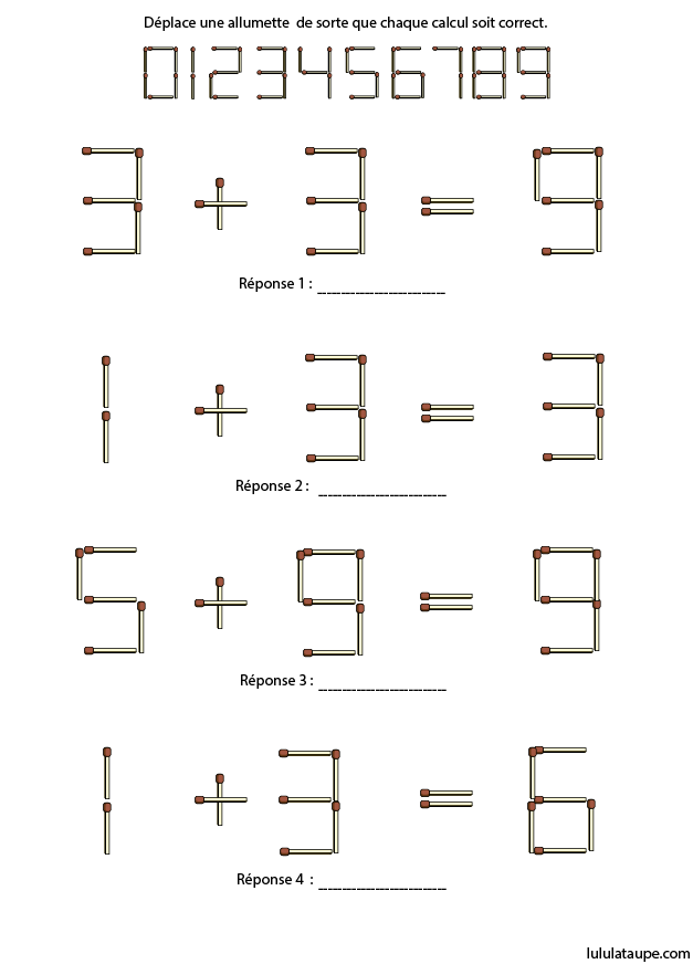 Jeu à imprimer, additions avec des allumettes