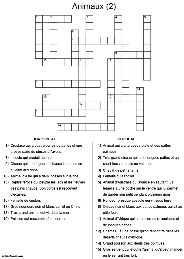Mots croisés gratuits pour enfants vocabulaire les animaux
