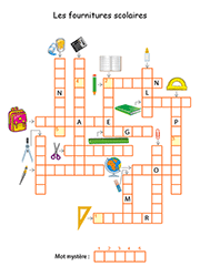 Mots fléchés en images classe CP, CE1, thème les fournitures scolaires