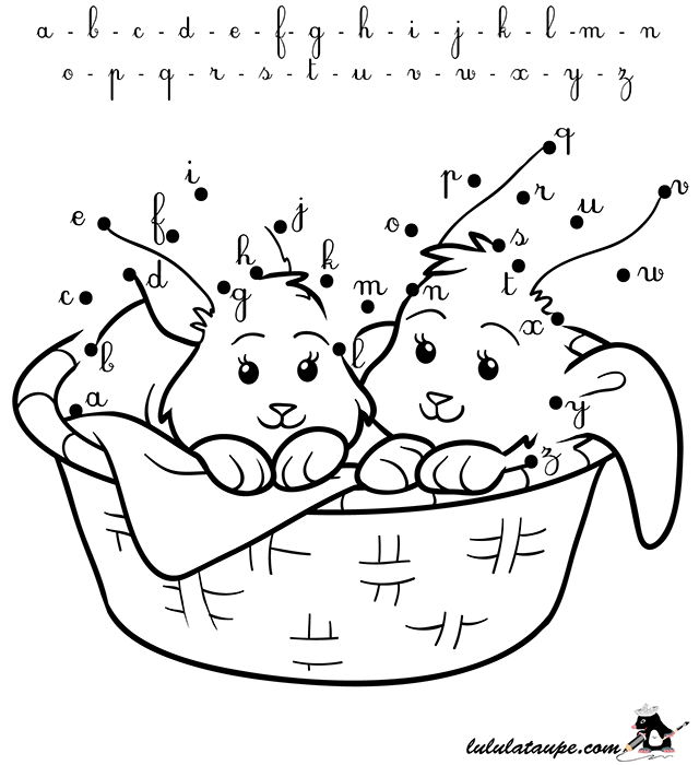 Relier les points à imprimer, alphabet de a à z, écriture cursive