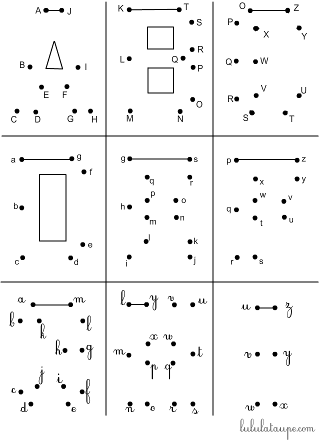 Relier les points à imprimer, alphabet de a à z, cursives et caractères d'imprimerie, minuscules et majuscules