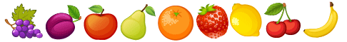 Les fruits, pomme, poire, fraise, prune, citron, fraise, cerises, raisin et orange.